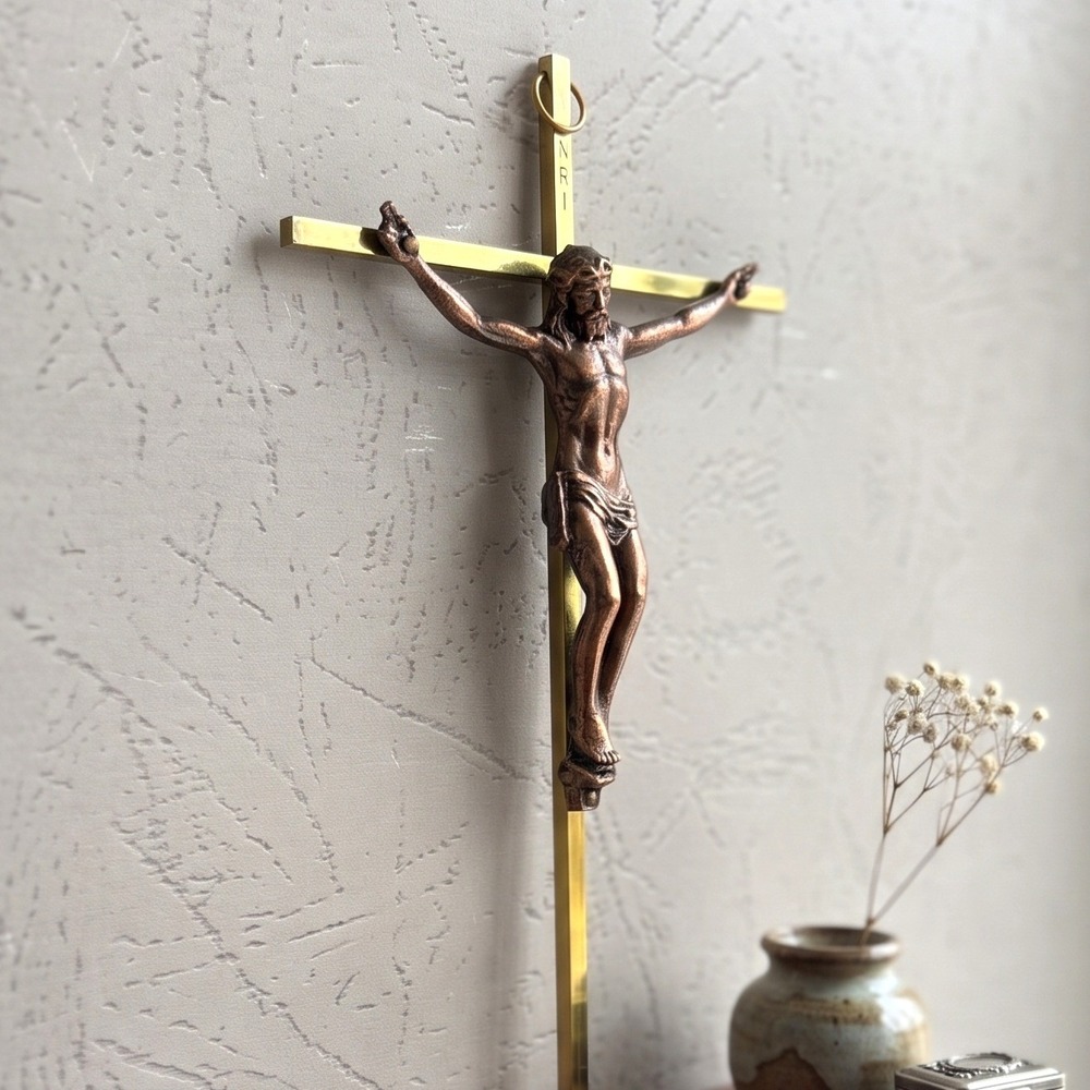 Vintage Brass and Copper Tone Crucifix Wall Hanging Cross with Box 9.25 Inch
